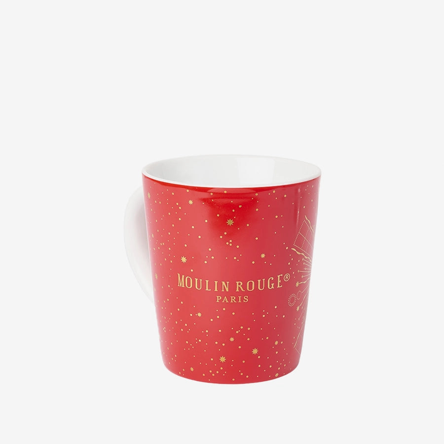 Seconde vue du mug rouge c'est pétillant du Moulin Rouge avec logo doré