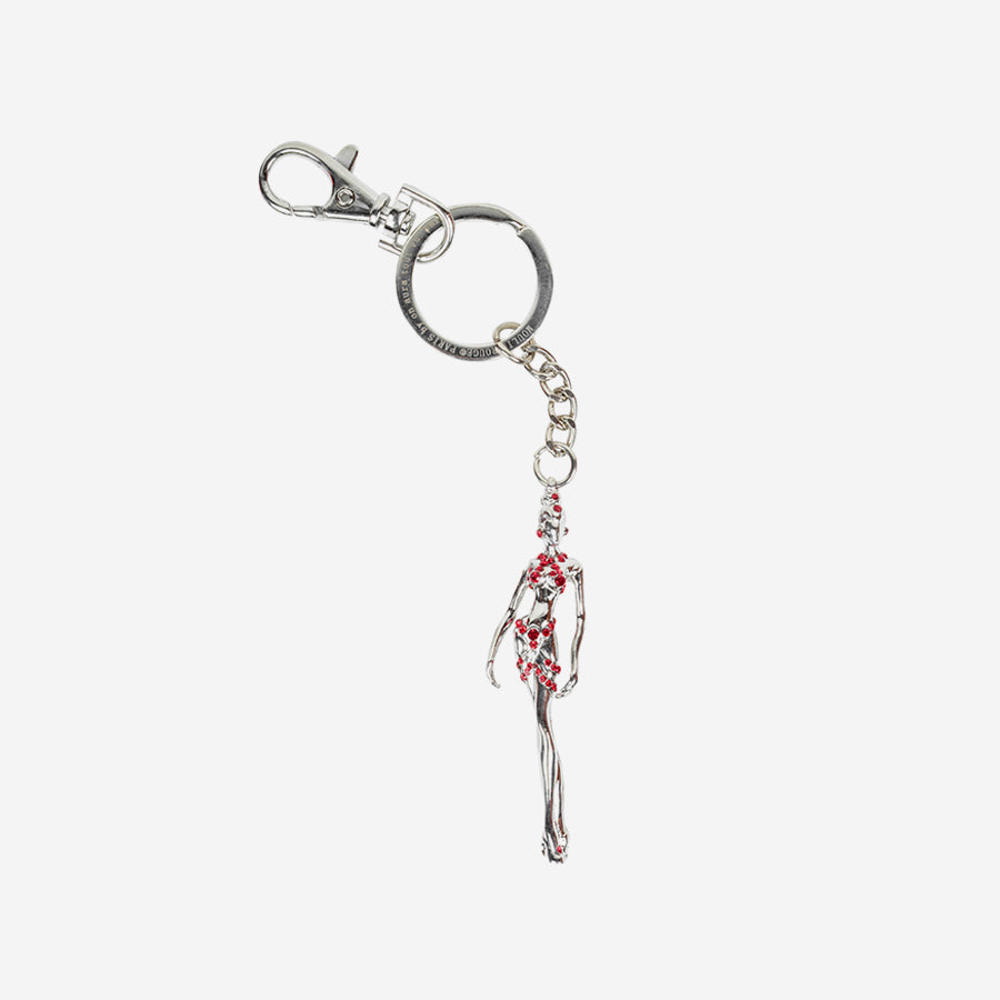 Porte-clés danseuse argenté du Moulin Rouge avec cristaux rouges
