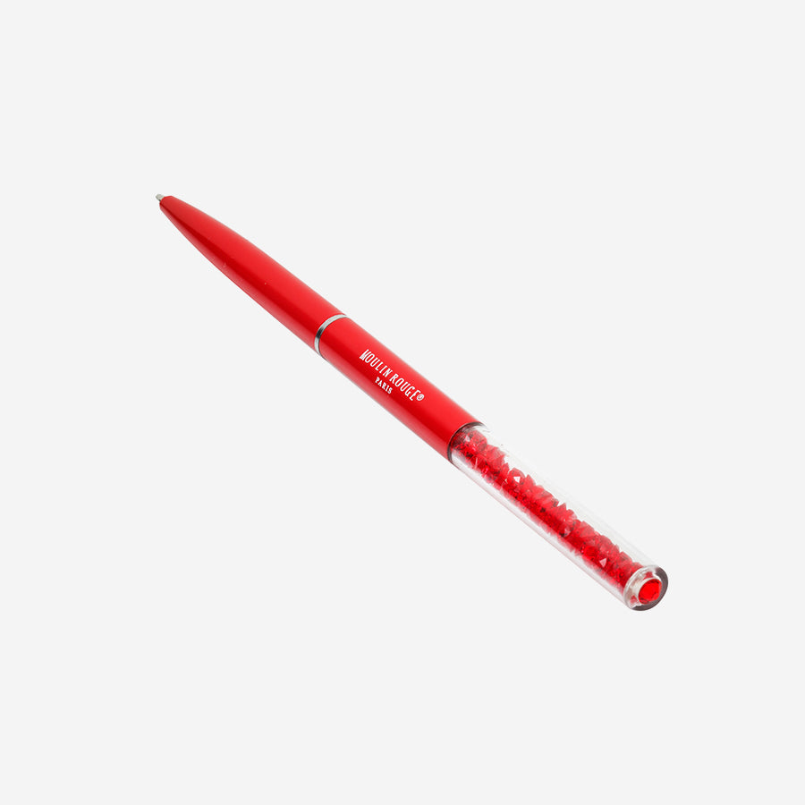 Zoom sur le stylo rouge avec cristaux du Moulin Rouge