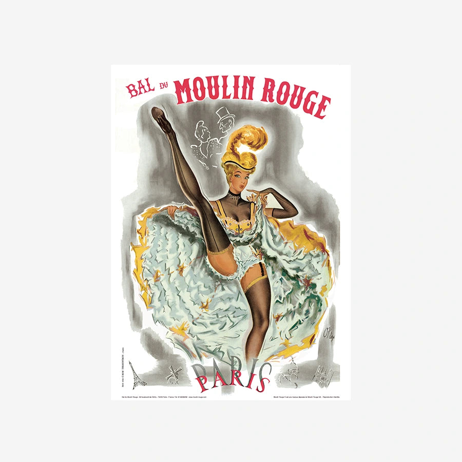 Affiche jaune de la revue Cancan du Moulin Rouge en 1962 par Oakley