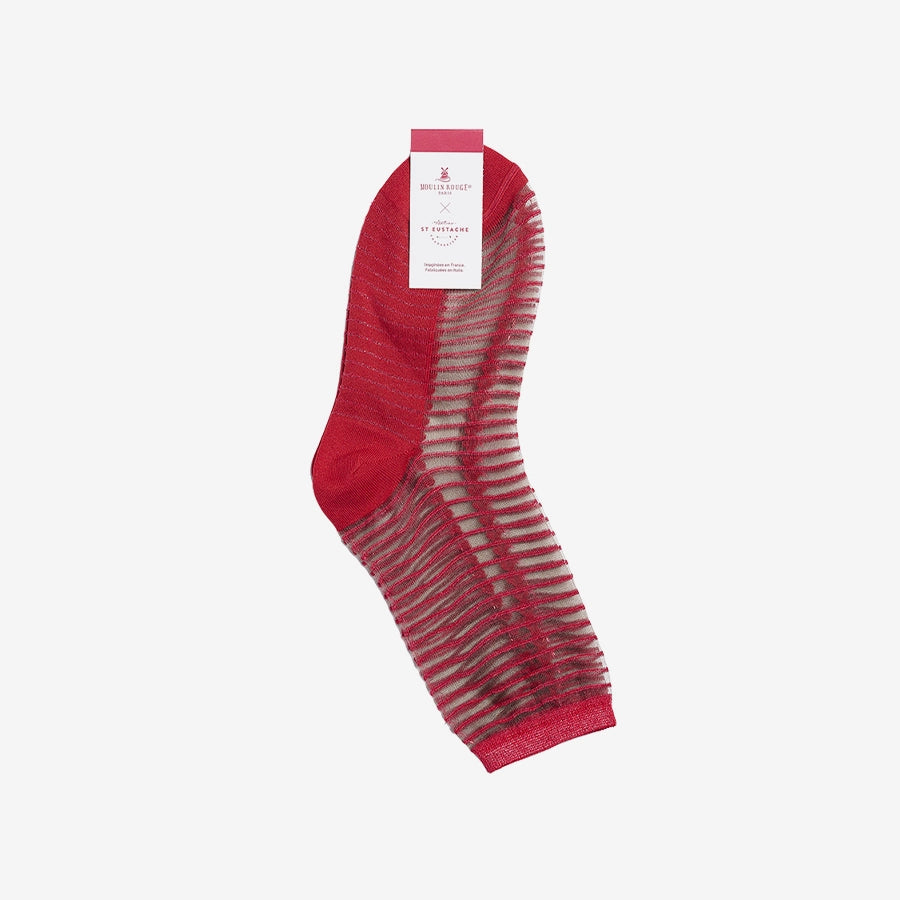 Packaging des chaussettes rouge et transparente Irrésistible de l'Atelier St Eustache