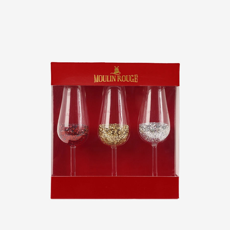 Boites de 3 boules de Noël Moulin Rouge en forme de flûte de champagne