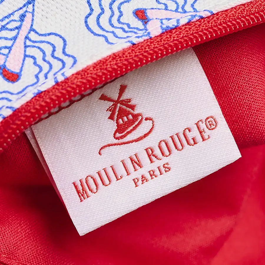 Intérieur de la pochette en coton Gambettes du Moulin Rouge avec intérieur en tissu rouge et étiquette