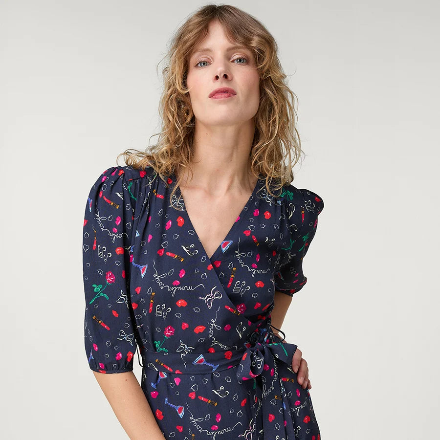 Navy blue patterned wrap dress