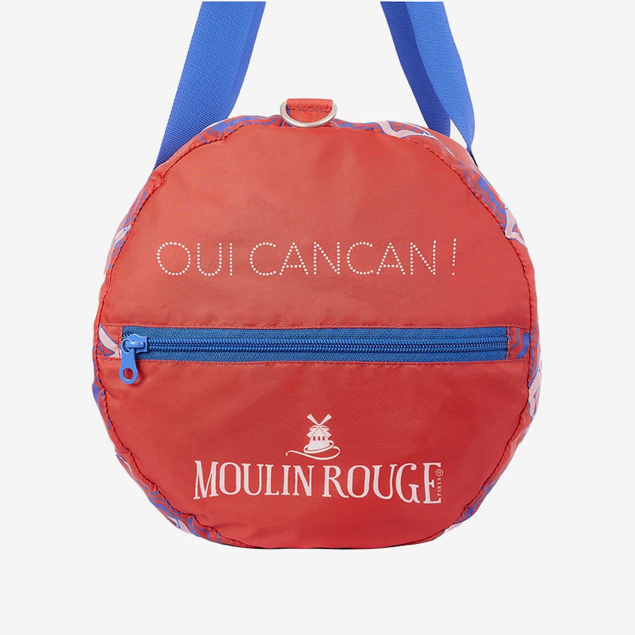 Côté du sac de danse rouge et bleu Gambettes du Moulin Rouge avec l'inscription Oui Cancan !