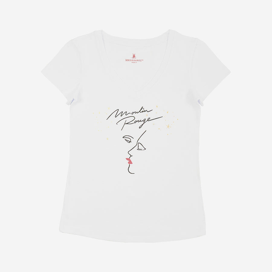 T-shirt blanc French kiss à col V pour femme avec l'inscription Moulin Rouge