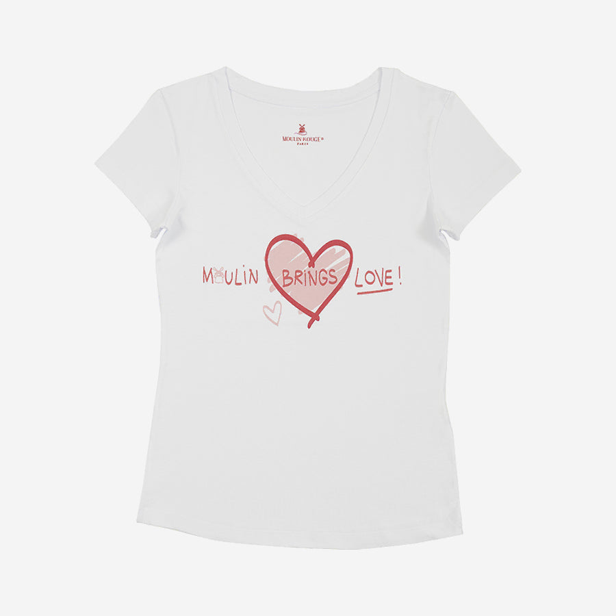 T-shirt blanc à coeur rose pour femme avec l'inscription Moulin brings Love !