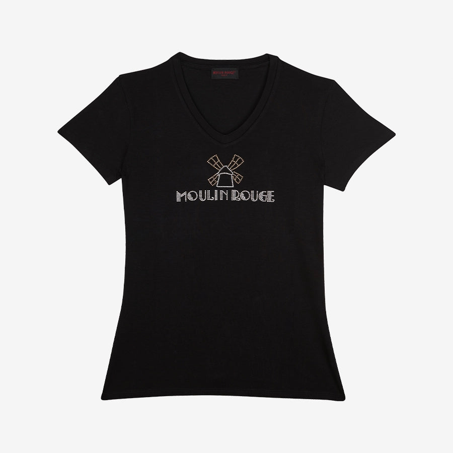 T-shirt noir à col V et manches courtes avec le logo du Moulin Rouge en strass